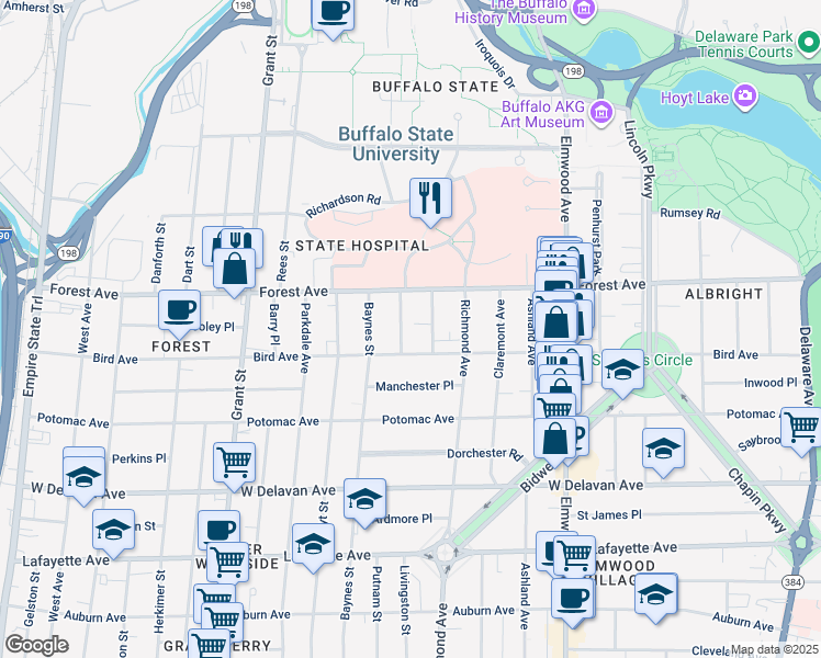 map of restaurants, bars, coffee shops, grocery stores, and more near 31 Abbottsford Place in Buffalo