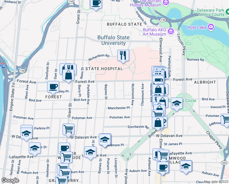 map of restaurants, bars, coffee shops, grocery stores, and more near 31 Abbottsford Place in Buffalo