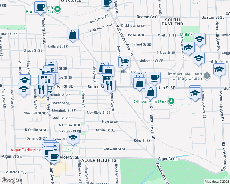 map of restaurants, bars, coffee shops, grocery stores, and more near 1200 Burton Street Southeast in Grand Rapids