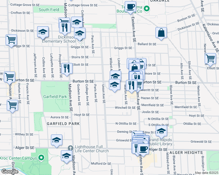 map of restaurants, bars, coffee shops, grocery stores, and more near 660 Burton Street Southeast in Grand Rapids