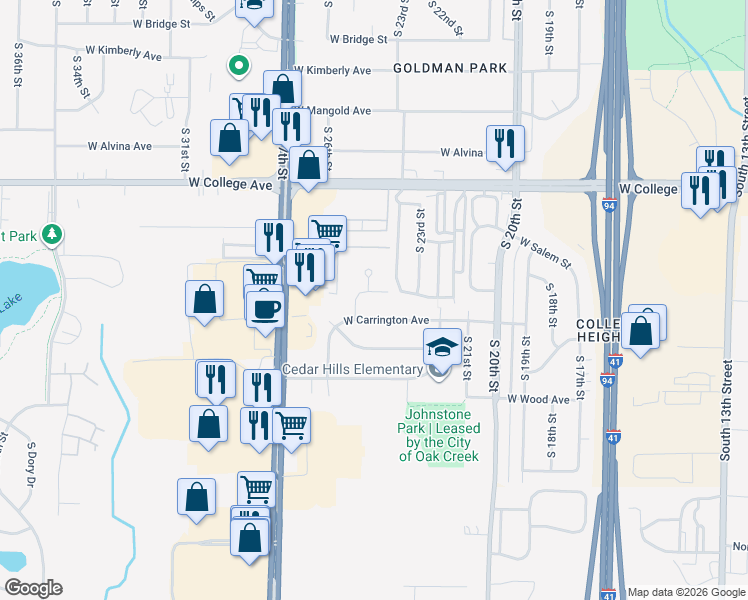 map of restaurants, bars, coffee shops, grocery stores, and more near 2420 Crabapple Court in Oak Creek