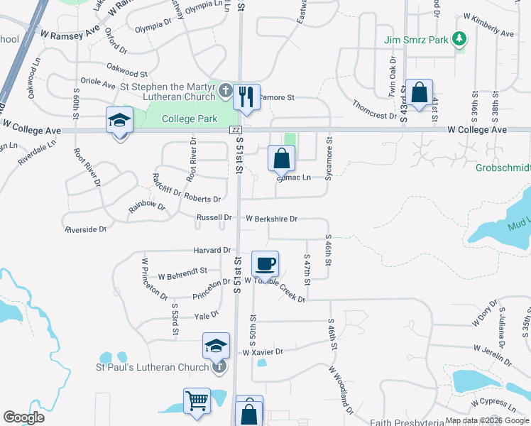 map of restaurants, bars, coffee shops, grocery stores, and more near 5041 Sycamore Street in Greendale