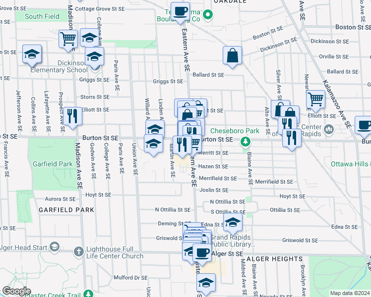 map of restaurants, bars, coffee shops, grocery stores, and more near 2017 Eastern Avenue Southeast in Grand Rapids