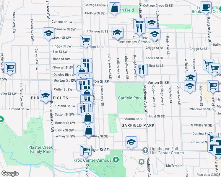 map of restaurants, bars, coffee shops, grocery stores, and more near 2021 Jefferson Drive Southeast in Grand Rapids