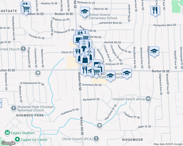 map of restaurants, bars, coffee shops, grocery stores, and more near 2460 Burton Street Southeast in Grand Rapids