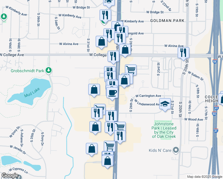 map of restaurants, bars, coffee shops, grocery stores, and more near 6439 South 27th Street in Franklin