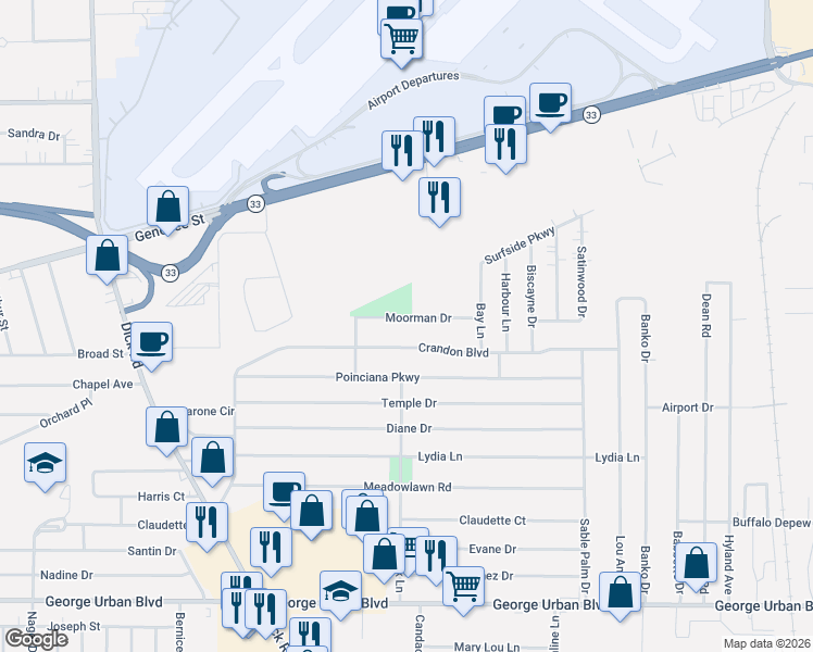 map of restaurants, bars, coffee shops, grocery stores, and more near 33 Moorman Drive in Buffalo