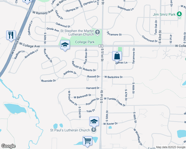 map of restaurants, bars, coffee shops, grocery stores, and more near 5228 Roberts Drive in Greendale
