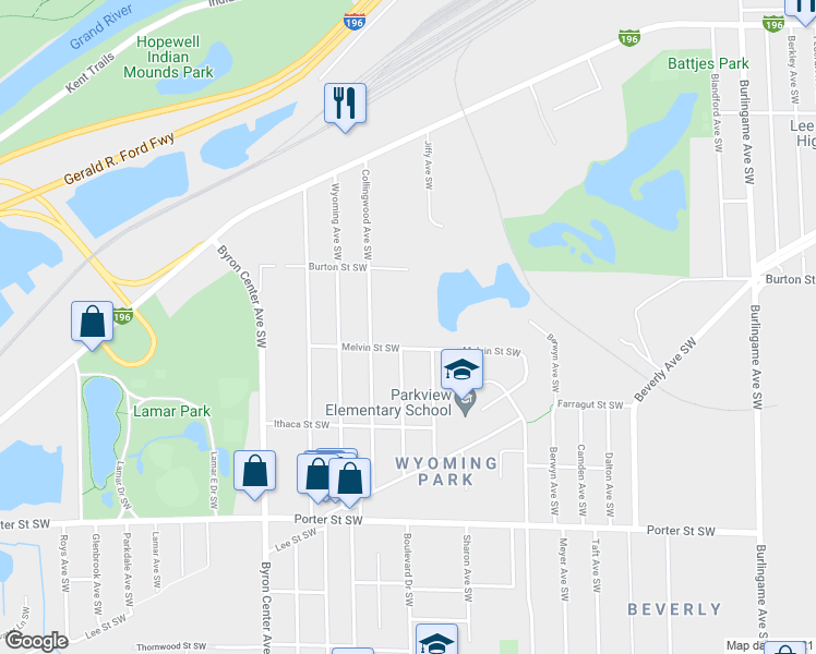 map of restaurants, bars, coffee shops, grocery stores, and more near 2187 Melvin Street Southwest in Wyoming