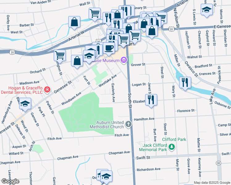 map of restaurants, bars, coffee shops, grocery stores, and more near 22 Easterly Avenue in Auburn