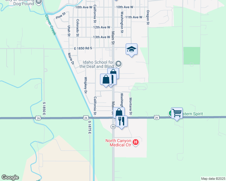map of restaurants, bars, coffee shops, grocery stores, and more near 1750 Main Street in Gooding