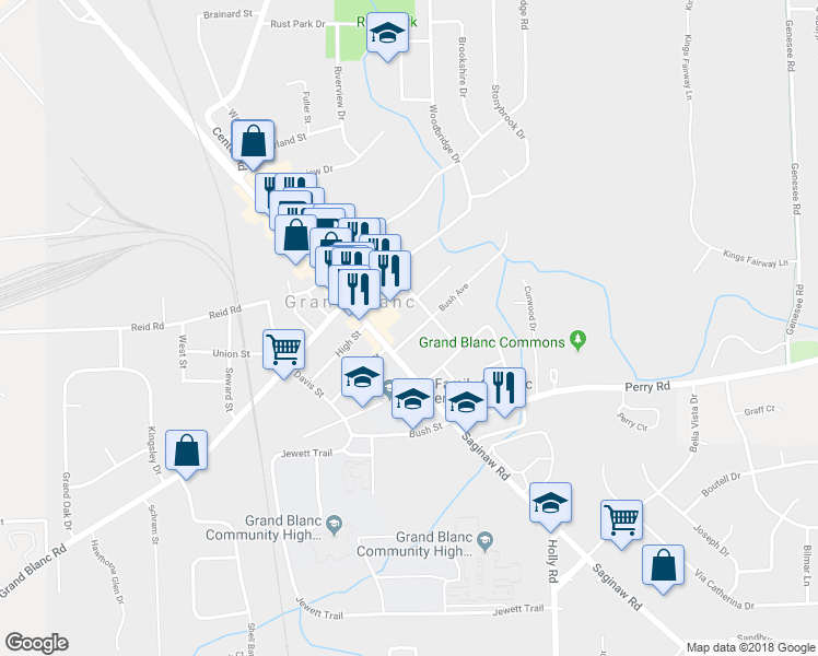 map of restaurants, bars, coffee shops, grocery stores, and more near 123 Bush Avenue in Grand Blanc