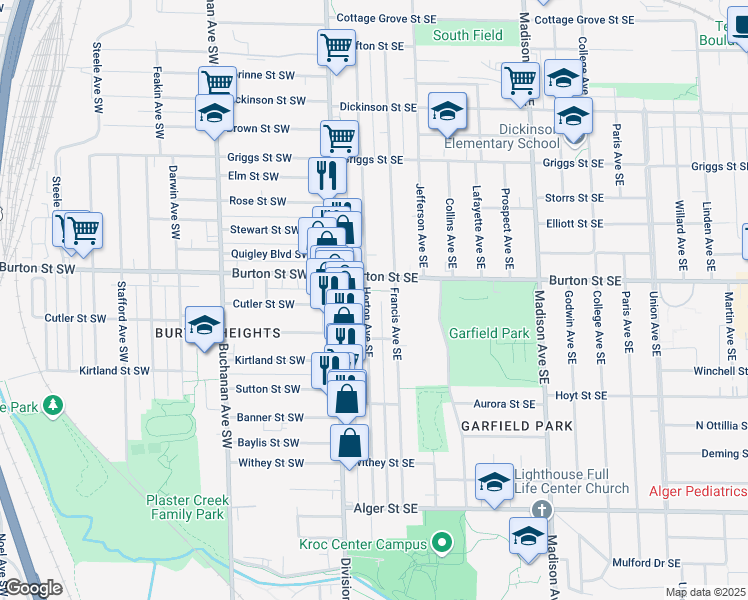 map of restaurants, bars, coffee shops, grocery stores, and more near 2024 Horton Avenue Southeast in Grand Rapids