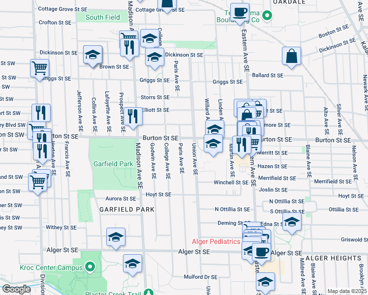 map of restaurants, bars, coffee shops, grocery stores, and more near 2018 Paris Avenue Southeast in Grand Rapids