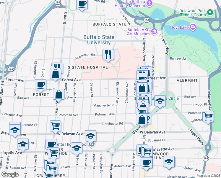 map of restaurants, bars, coffee shops, grocery stores, and more near 56 Tremont Avenue in Buffalo