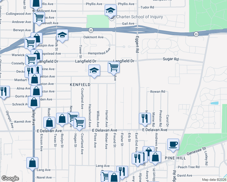 map of restaurants, bars, coffee shops, grocery stores, and more near 150 Edison Avenue in Buffalo