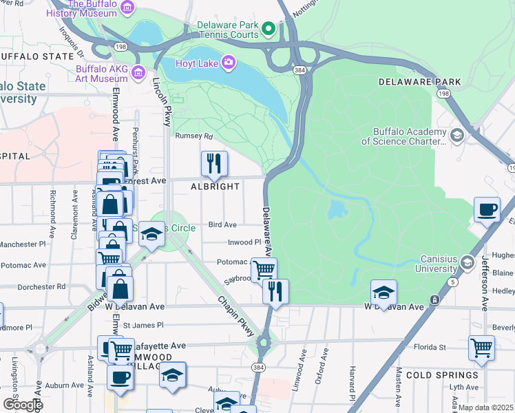 map of restaurants, bars, coffee shops, grocery stores, and more near 37 Berkley Place in Buffalo
