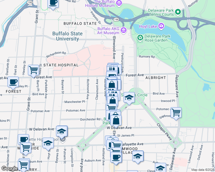 map of restaurants, bars, coffee shops, grocery stores, and more near 1092 Elmwood Avenue in Buffalo