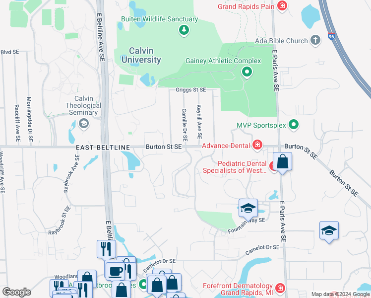 map of restaurants, bars, coffee shops, grocery stores, and more near in Kentwood