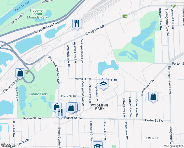 map of restaurants, bars, coffee shops, grocery stores, and more near 2187 Melvin Street Southwest in Wyoming