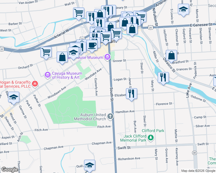 map of restaurants, bars, coffee shops, grocery stores, and more near 17 Queens Court Apartments in Auburn