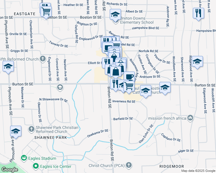 map of restaurants, bars, coffee shops, grocery stores, and more near 2005 Breton Road Southeast in Grand Rapids