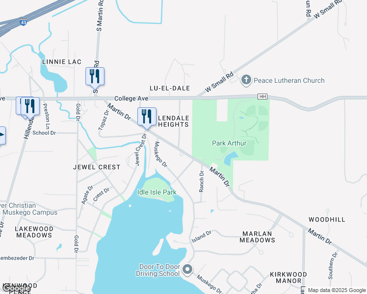 map of restaurants, bars, coffee shops, grocery stores, and more near S64W18066 Martin Drive in Muskego