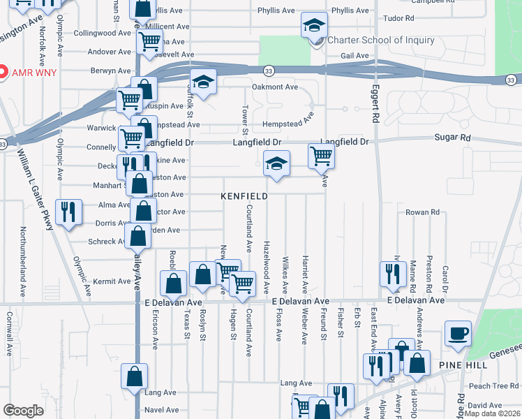 map of restaurants, bars, coffee shops, grocery stores, and more near 285 Hazelwood Avenue in Buffalo