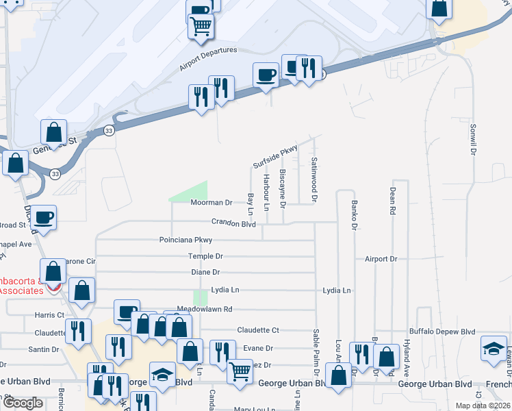 map of restaurants, bars, coffee shops, grocery stores, and more near 32 Bay Lane in Buffalo