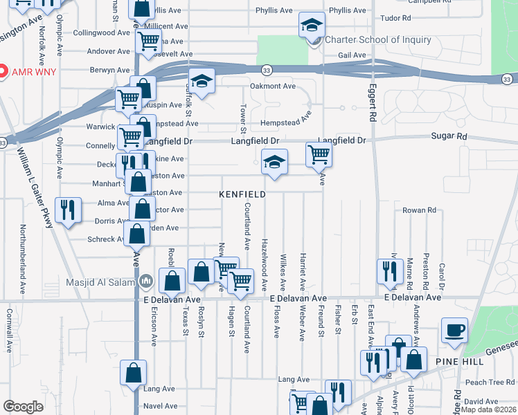 map of restaurants, bars, coffee shops, grocery stores, and more near 285 Hazelwood Avenue in Buffalo