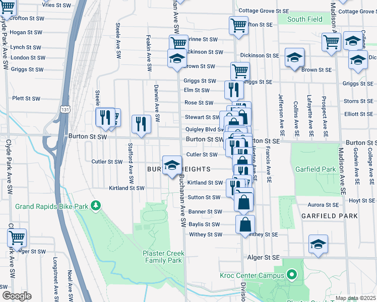 map of restaurants, bars, coffee shops, grocery stores, and more near 131 Cutler Street Southwest in Grand Rapids