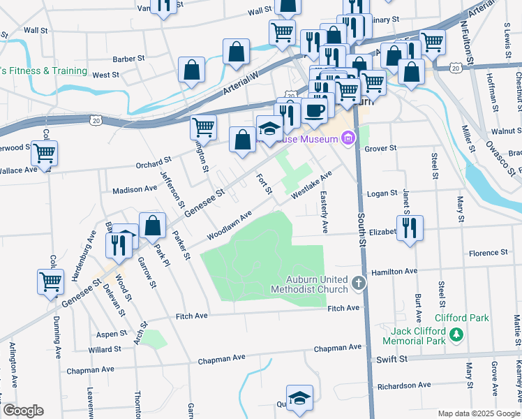 map of restaurants, bars, coffee shops, grocery stores, and more near 120 Woodlawn Avenue in Auburn