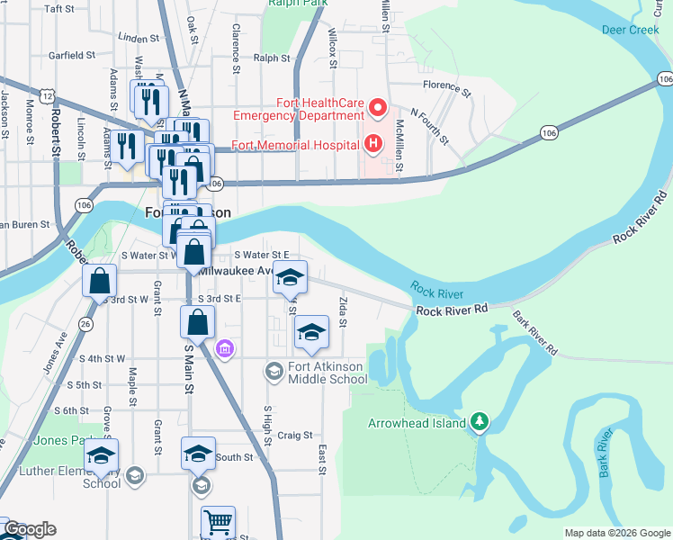 map of restaurants, bars, coffee shops, grocery stores, and more near 431 Milwaukee Avenue East in Fort Atkinson