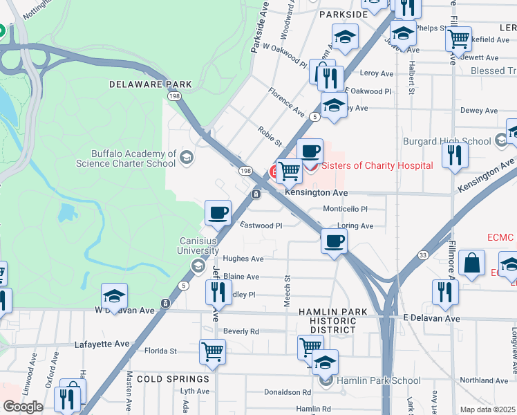 map of restaurants, bars, coffee shops, grocery stores, and more near 24 Glendale Place in Buffalo