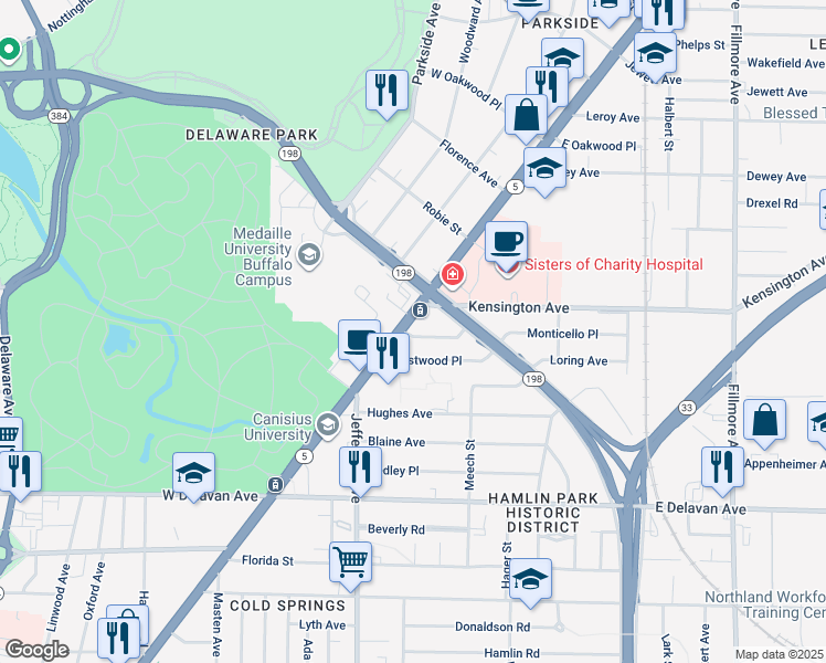 map of restaurants, bars, coffee shops, grocery stores, and more near 2073 Main Street in Buffalo