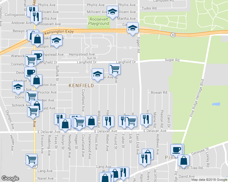 map of restaurants, bars, coffee shops, grocery stores, and more near 150 Edison Avenue in Buffalo