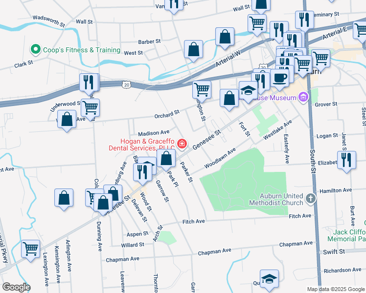 map of restaurants, bars, coffee shops, grocery stores, and more near 209 Genesee Street in Auburn