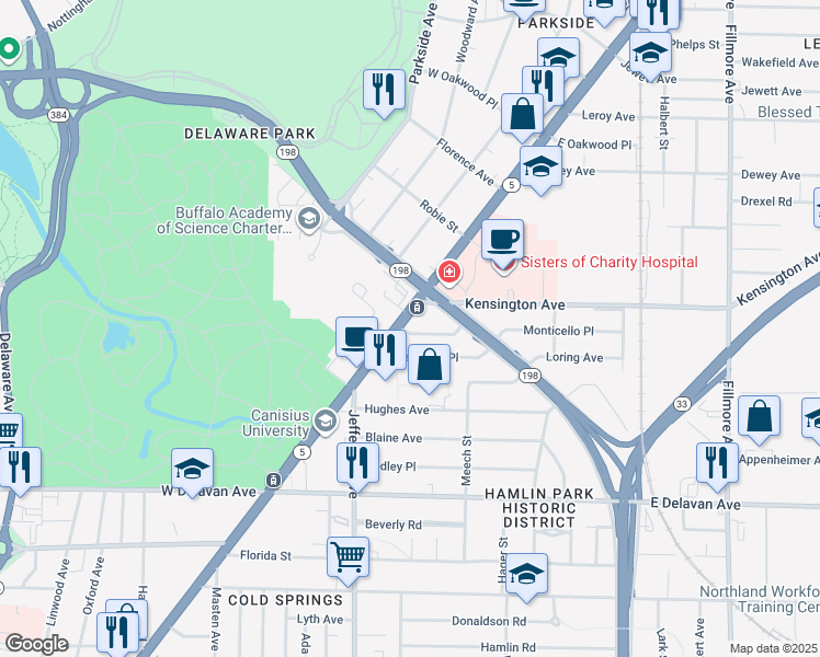 map of restaurants, bars, coffee shops, grocery stores, and more near 2073 Main Street in Buffalo