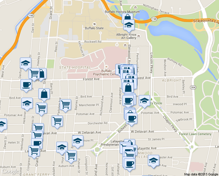 map of restaurants, bars, coffee shops, grocery stores, and more near 865 Richmond Avenue in Buffalo