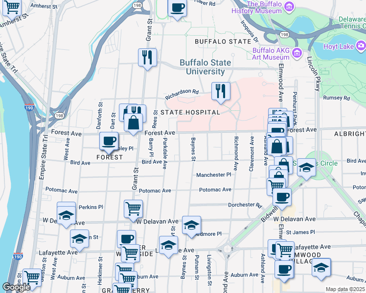 map of restaurants, bars, coffee shops, grocery stores, and more near 426 Baynes Street in Buffalo