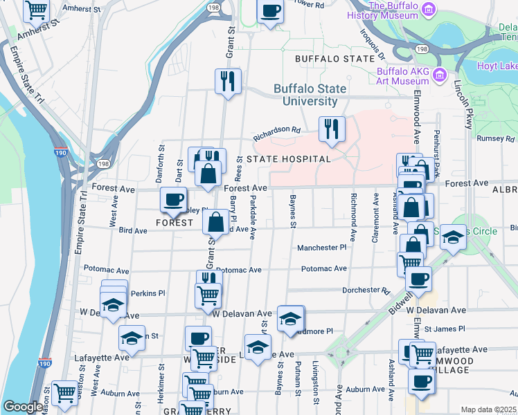 map of restaurants, bars, coffee shops, grocery stores, and more near 414 Hoyt Street in Buffalo