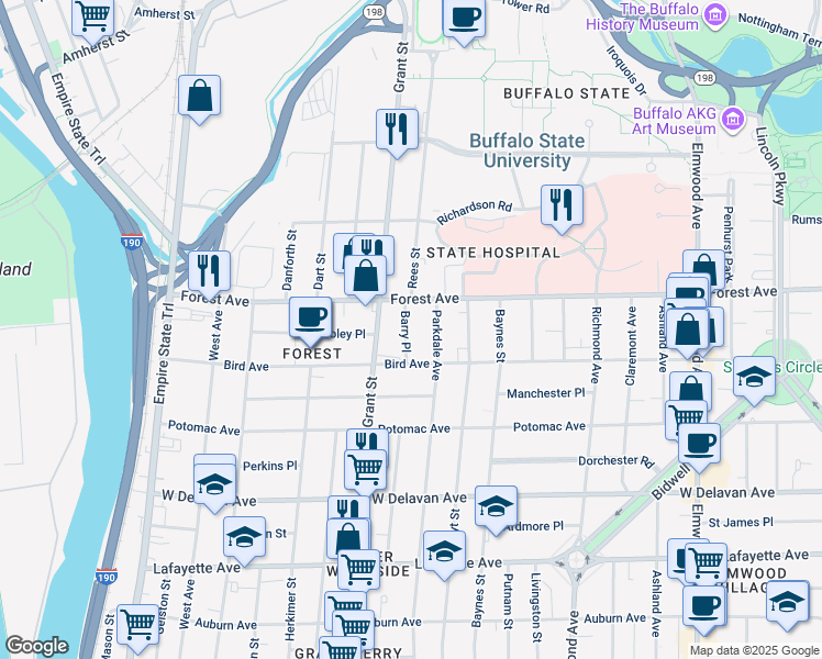 map of restaurants, bars, coffee shops, grocery stores, and more near 35 Barry Place in Buffalo