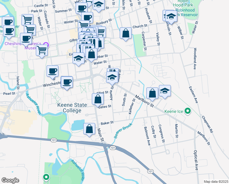 map of restaurants, bars, coffee shops, grocery stores, and more near 24 Adams Street in Keene