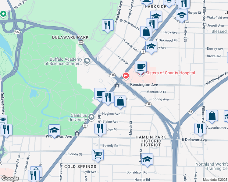 map of restaurants, bars, coffee shops, grocery stores, and more near 2073 Main Street in Buffalo