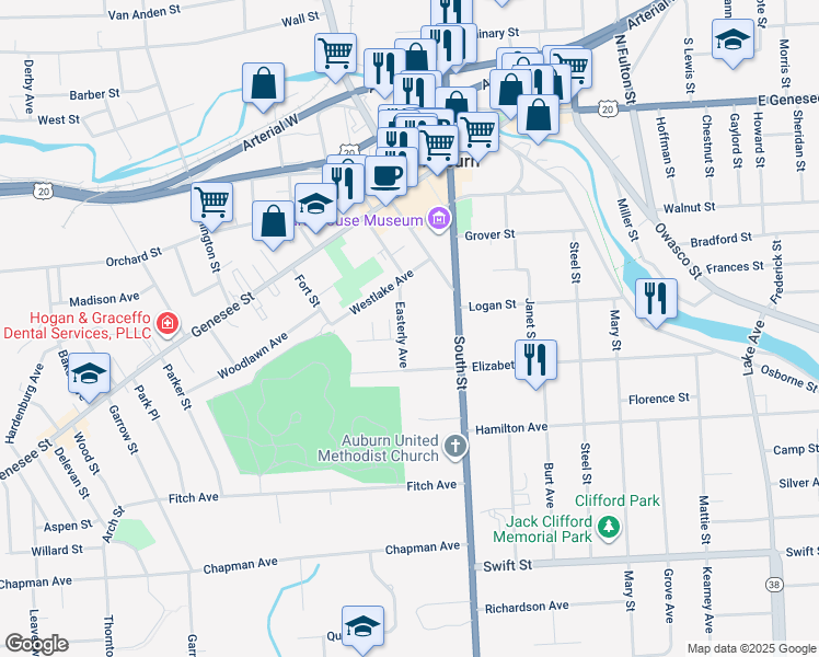 map of restaurants, bars, coffee shops, grocery stores, and more near 20 Easterly Avenue in Auburn
