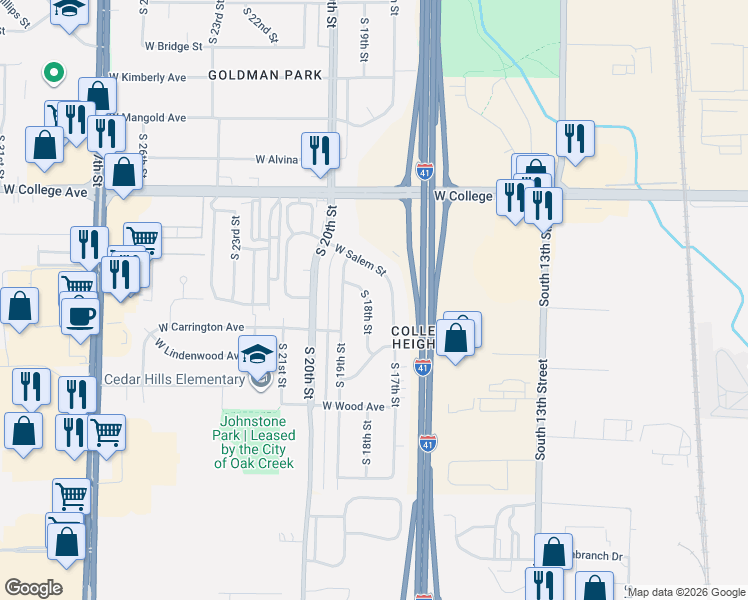 map of restaurants, bars, coffee shops, grocery stores, and more near 6500 South 18th Street in Milwaukee
