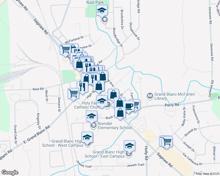 map of restaurants, bars, coffee shops, grocery stores, and more near 133 Bush Avenue in Grand Blanc