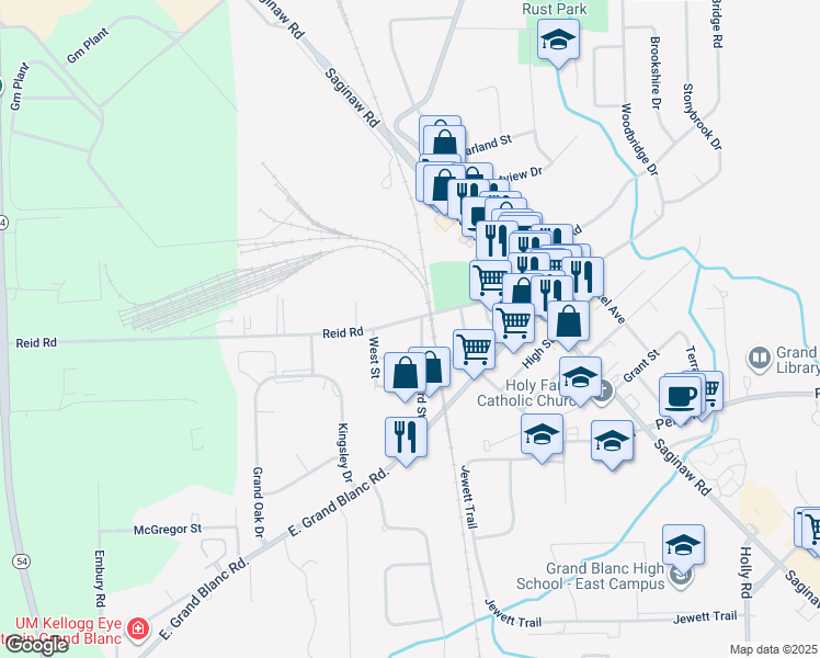 map of restaurants, bars, coffee shops, grocery stores, and more near 317 Church Street in Grand Blanc