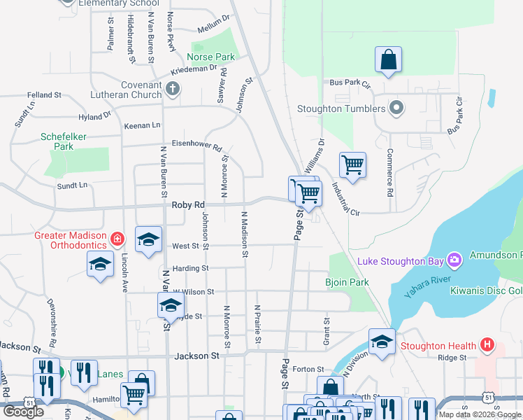 map of restaurants, bars, coffee shops, grocery stores, and more near 341 Roby Road in Stoughton