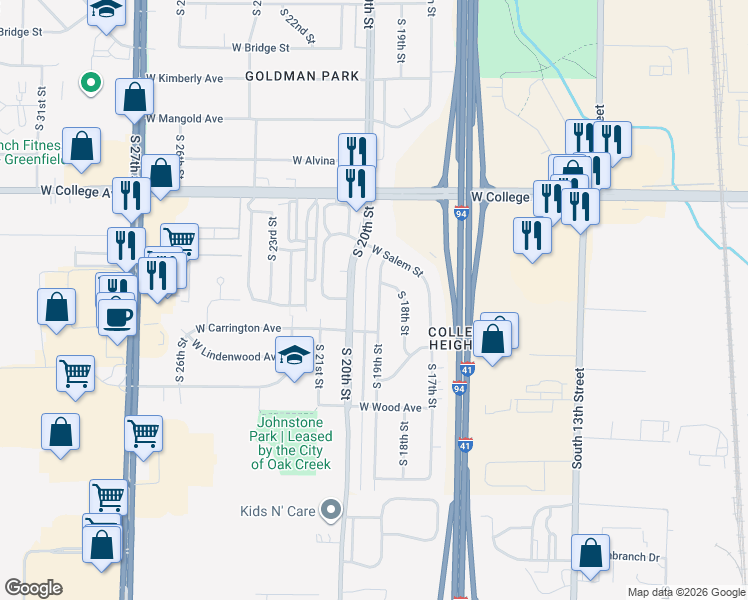 map of restaurants, bars, coffee shops, grocery stores, and more near 6501 South 19th Street in Milwaukee
